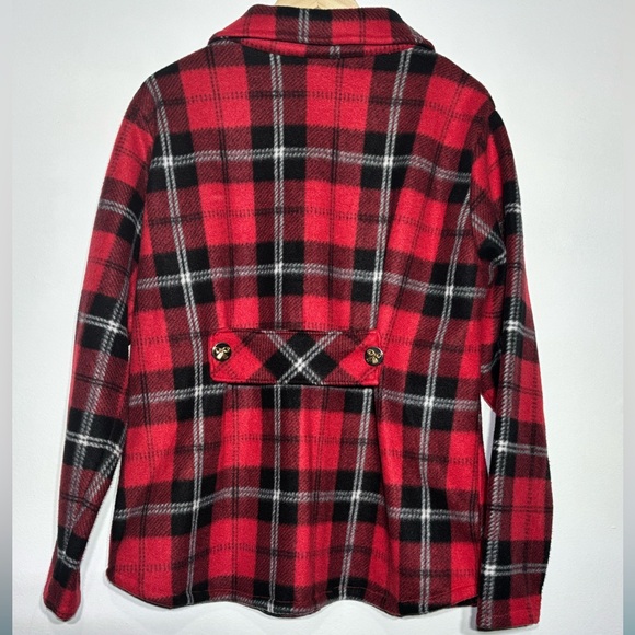 Women’s Red, Black, White Plaid FLEECE JACKET size L-XL bow buttons - Picture 2 of 9